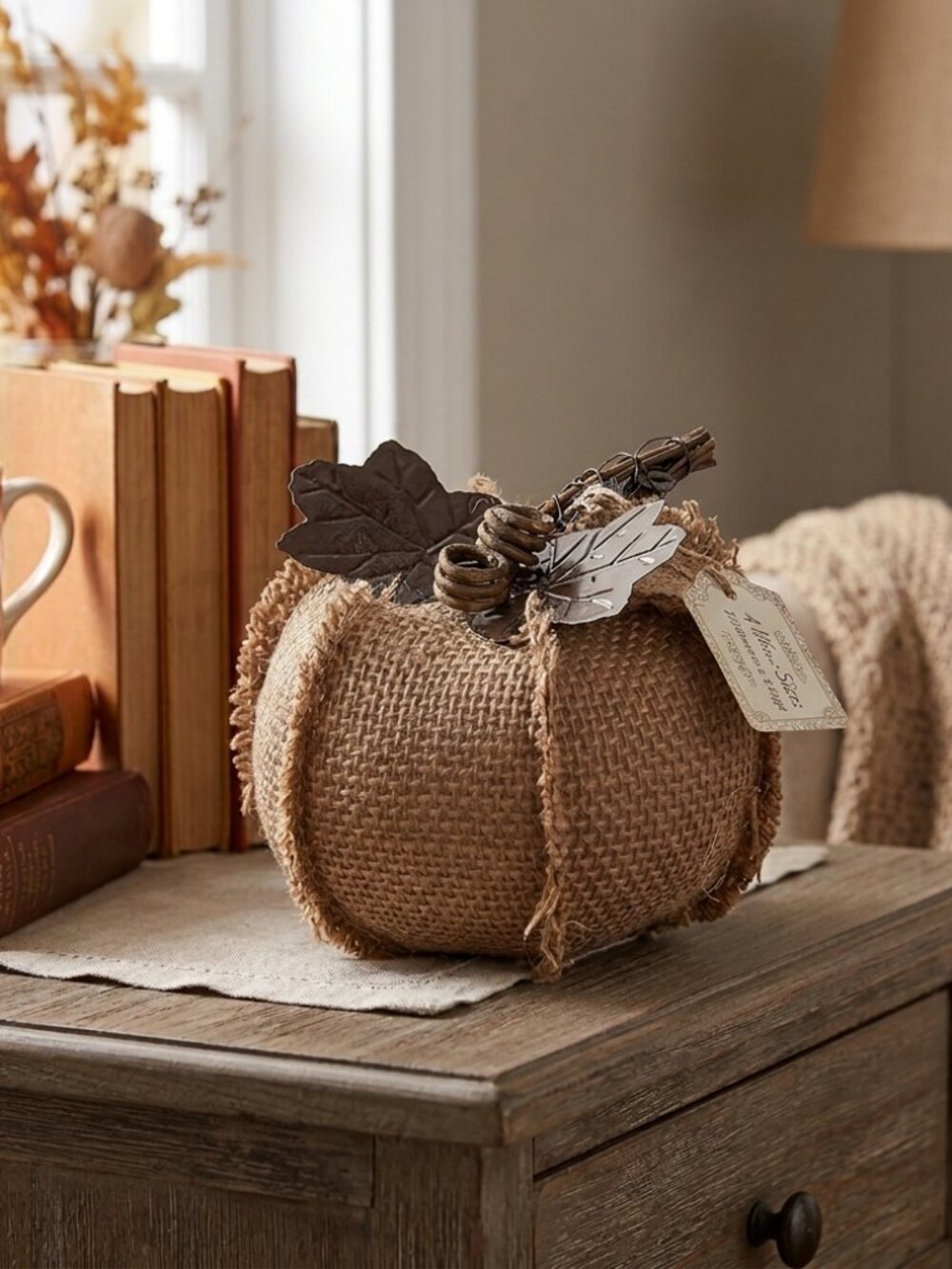 Burlap Pumpkin Fall Tabletop Decor Taupe Farmhouse Rustic Autumn Centerpiece